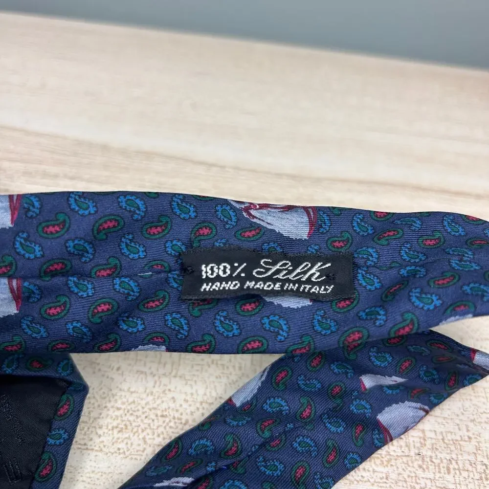 Etro Silk Necktie Horse Equestrian Navy Blue Paisley Boho Luxury Designer Tie